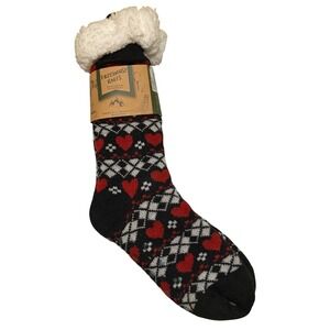 Treehouse Knits Slipper Socks Black Red Heart Fair Isle Sherpa Lined Women 9-11